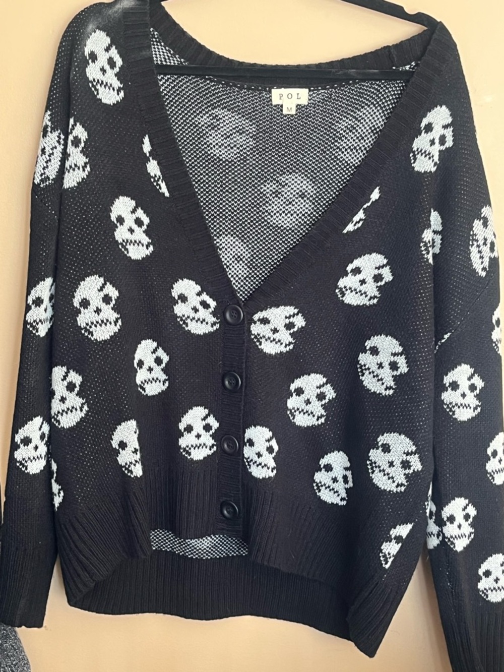 POL Black Cardigan with White Skull Pattern